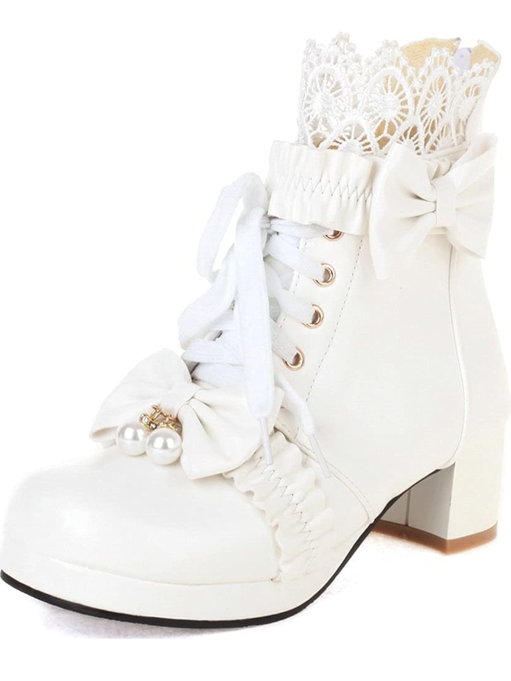 White Lace-Trim Bow Accent Women's Ankle Boots